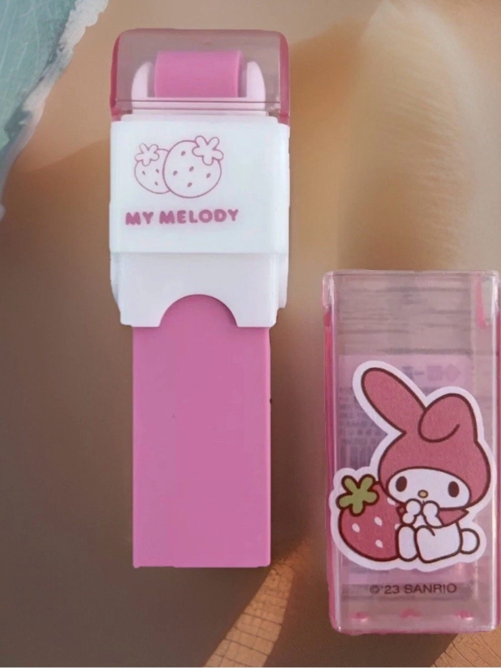 Sanrio My Melody Double Sided Roller Pink Retro Rubber Eraser Plastic Case 3"